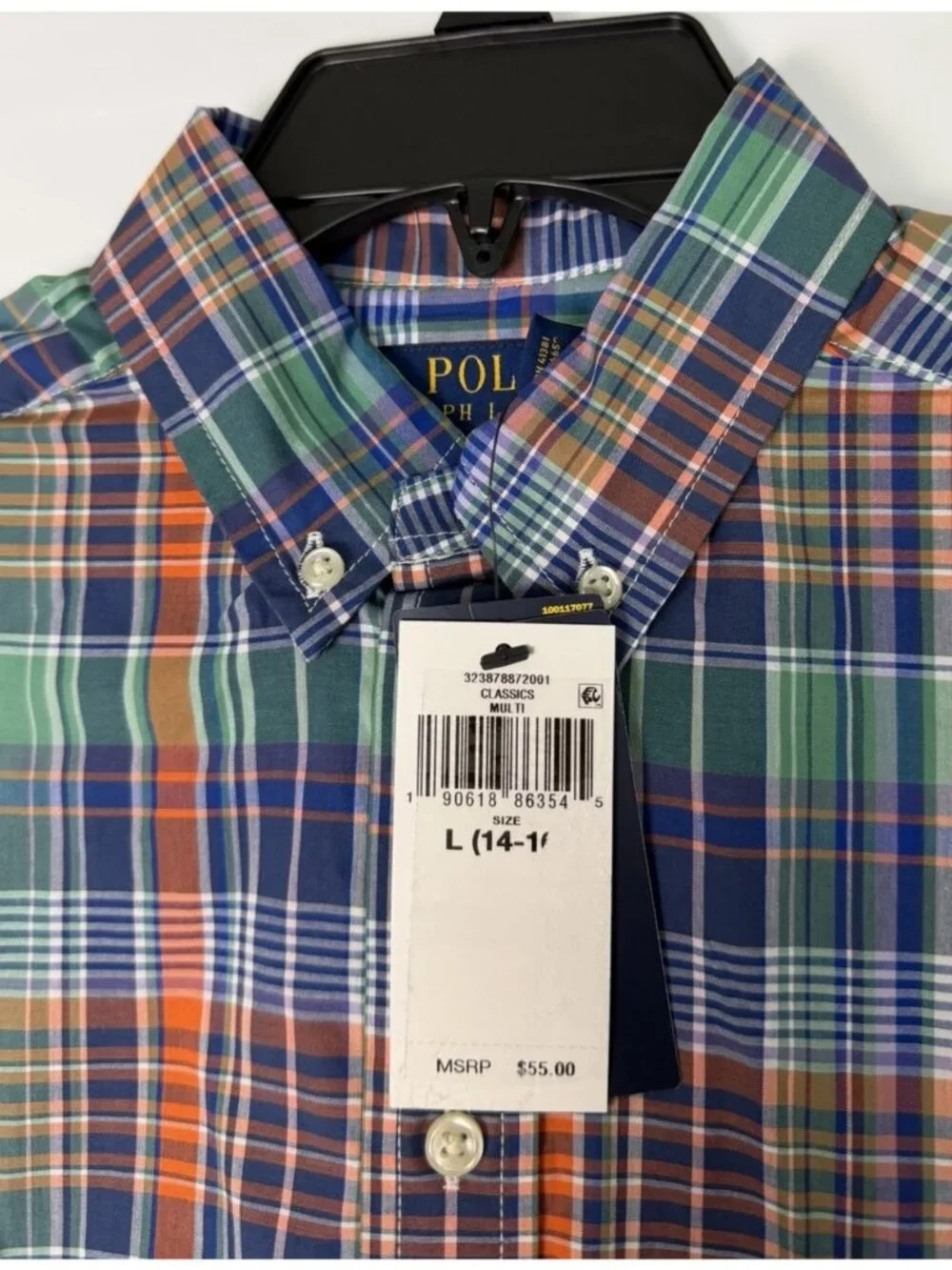 Ralph Lauren LARGE 14-16 Polo Plaid Cotton Poplin Buttondown Stretch Shirt NEW